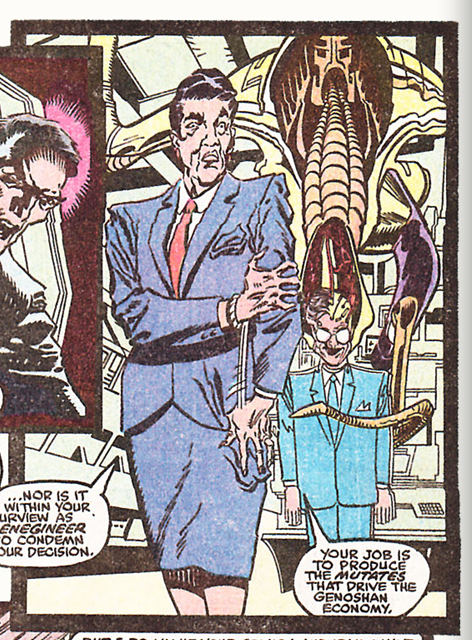 Another angle of Hodge wearing the cutout in front of his mechanical body, flanked by the President Reagan-esque President of Genosha.