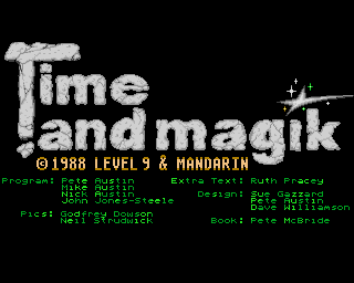 A title screen reads "Time and magik" by Level 9 and Mandarin.